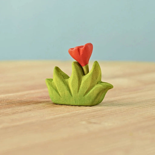 BumbuToys Wooden Plant Figure - Grass with Flower - Small, Orange for Small World Play from Australia