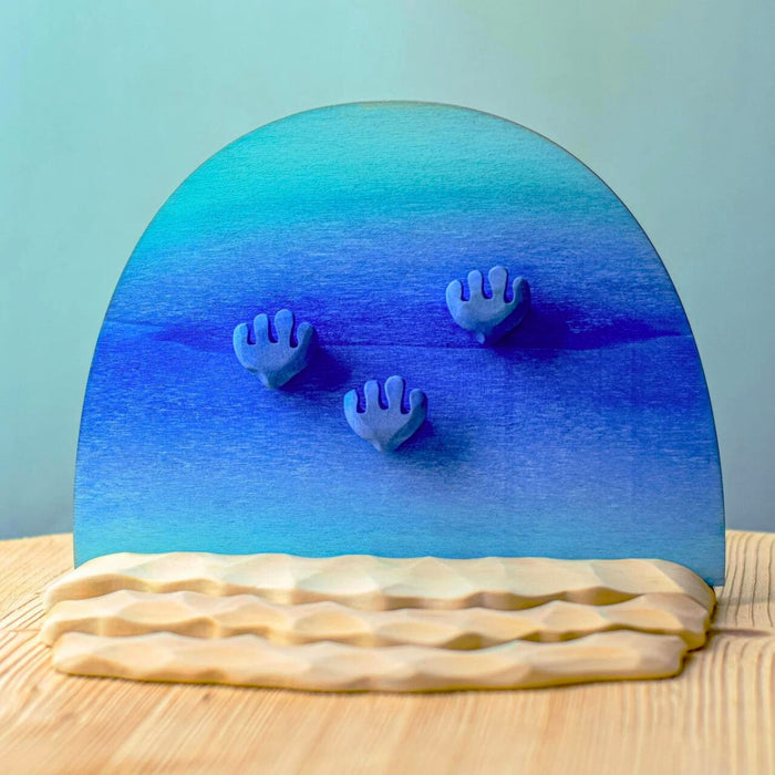 BumbuToys Handcrafted Wooden Small World Play Scape Ocean Water, Seabed and Shells Set from Australia