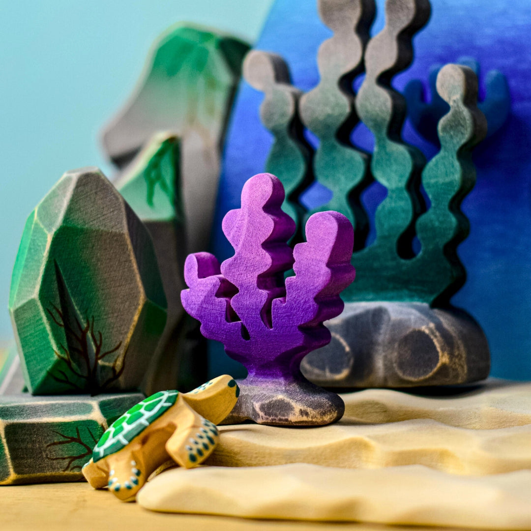 BumbuToys Handcrafted Wooden Sea Creature Figure Purple Seaweed from Australia in a small-world play setting