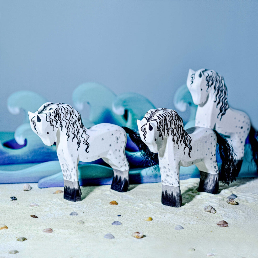 BumbuToys Handcrafted Wooden Seascape Figures Ocean Waves Set of 3 in a small-world play setting from Australia