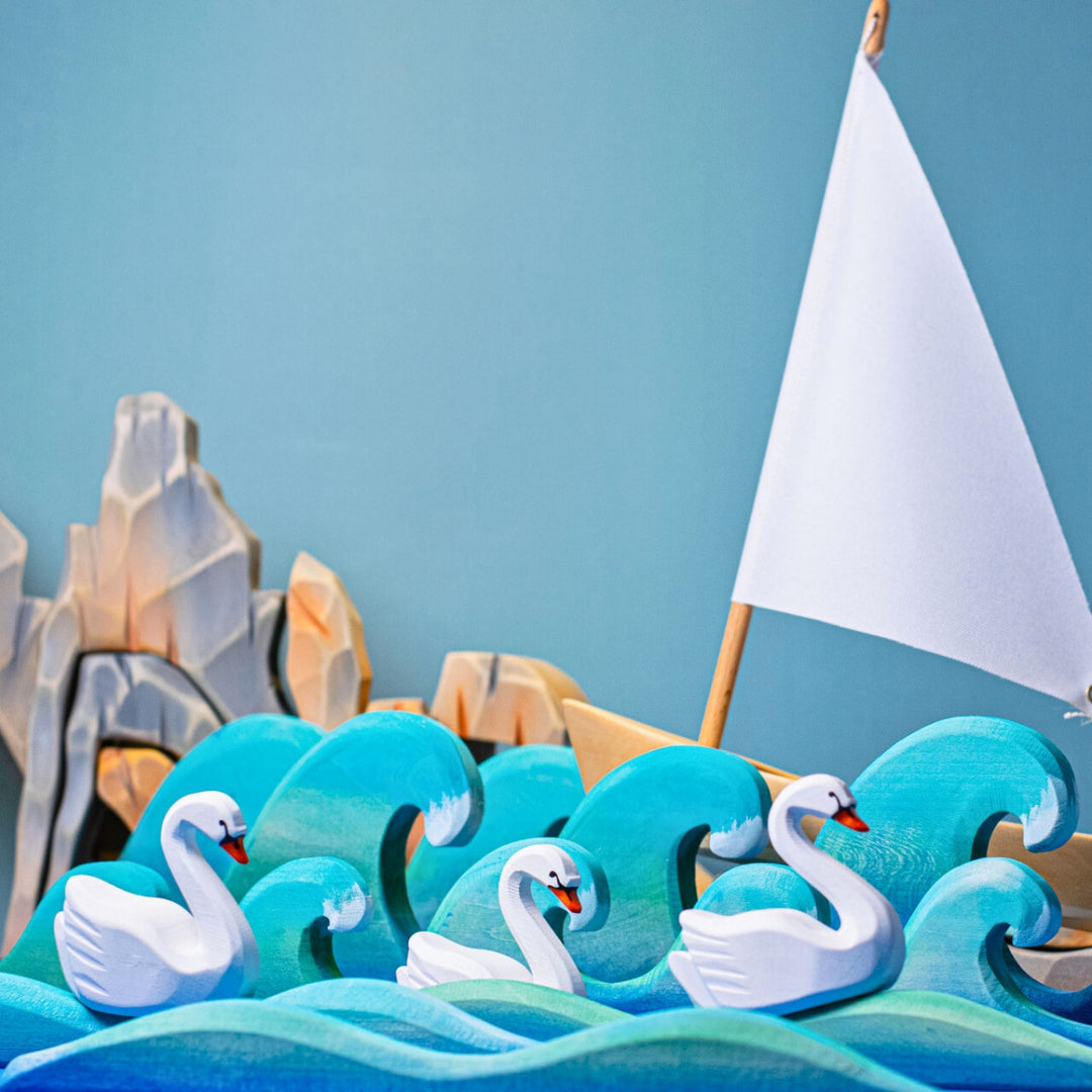 BumbuToys Handcrafted Wooden Seascape Figures Ocean Waves Set of 3 in a small-world play setting from Australia