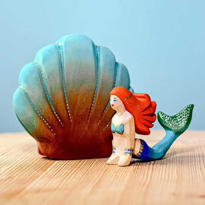 BumbuToys Handcrafted Closed Large Shell Wooden Toy with Mermaid Figure from Australia