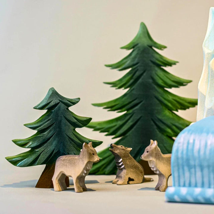 BumbuToys Handcrafted Wooden Tree Fir from Australia in a small-world play setting