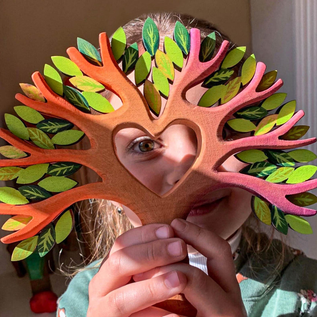 BumbuToys Handcrafted Wooden Heart Tree from Australia in a small-world play setting