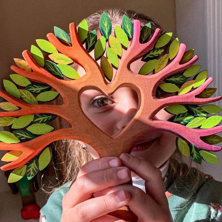 BumbuToys Handcrafted Wooden Heart Tree from Australia in a small-world play setting