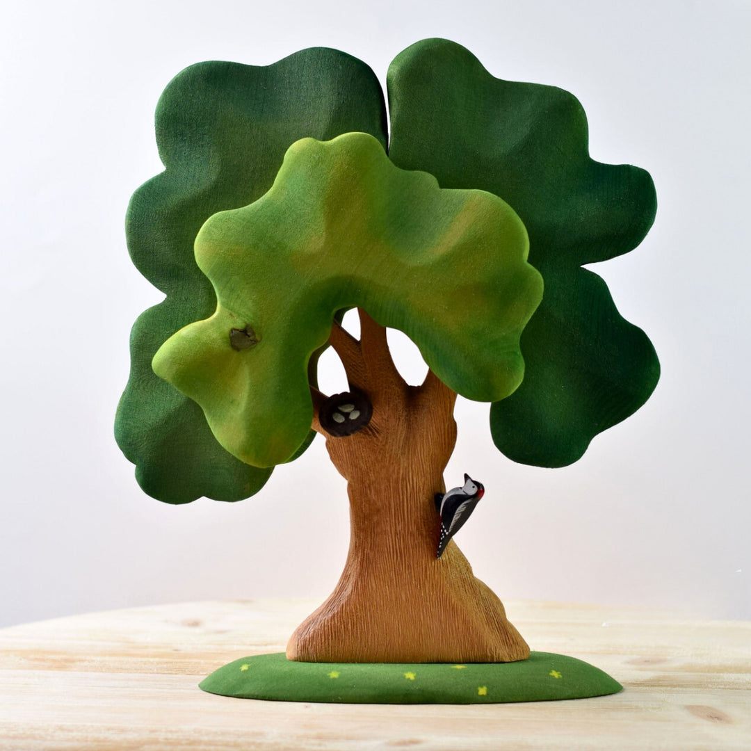 BumbuToys Handcrafted Wooden Tree Large Oak, Woodpecker, and Nest Set of 3 for Small World Play from Australia