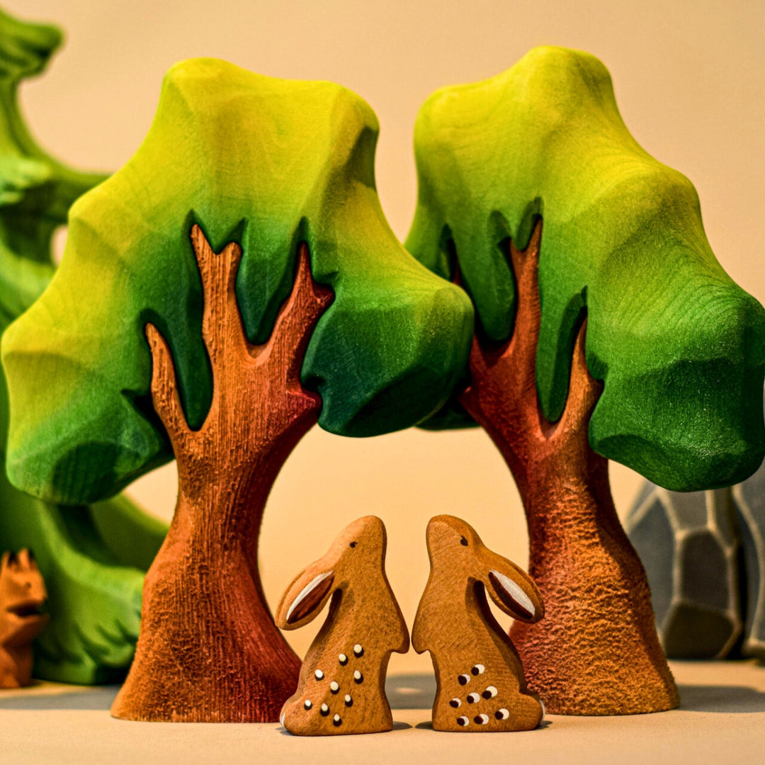 BumbuToys Handcrafted Wooden Tree Oak from Australia in a small-world play setting