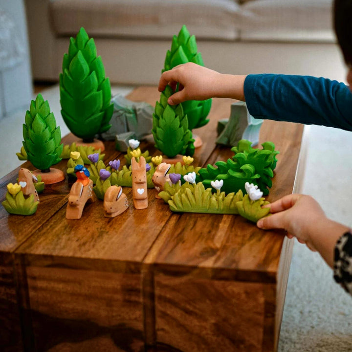 BumbuToys Handcrafted Wooden Tree Large Thuja from Australia in a small-world play setting