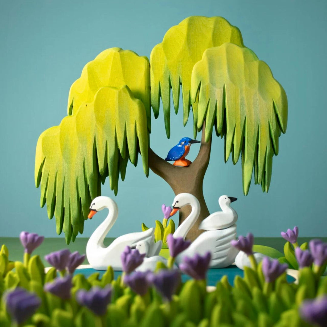 BumbuToys Handcrafted Wooden Willow Tree from Australia in a small-world play setting