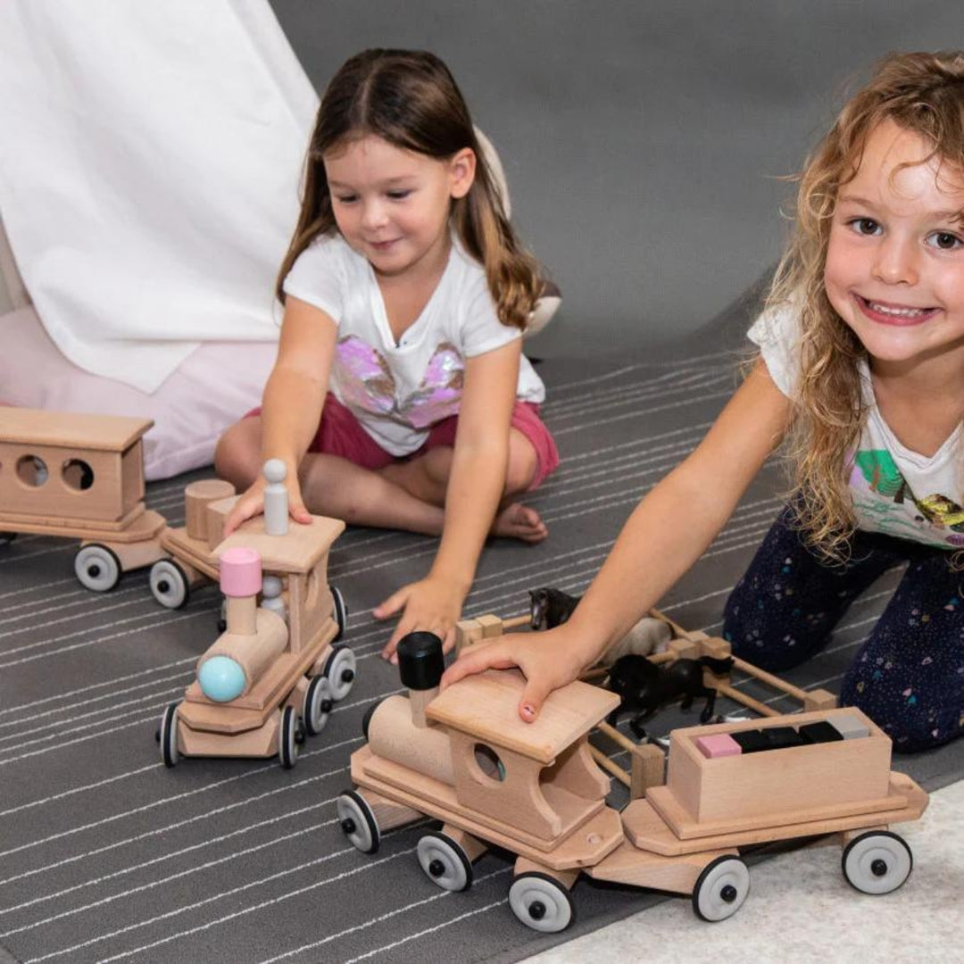 DY-180114 Dynamiko Wooden Steerable Push Along Train with Peg Doll