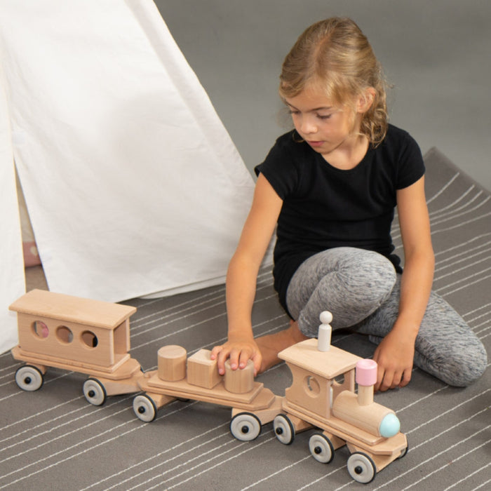DY-180145 Dynamiko Wooden Push Along Train Passenger Carriage with Peg Dolls