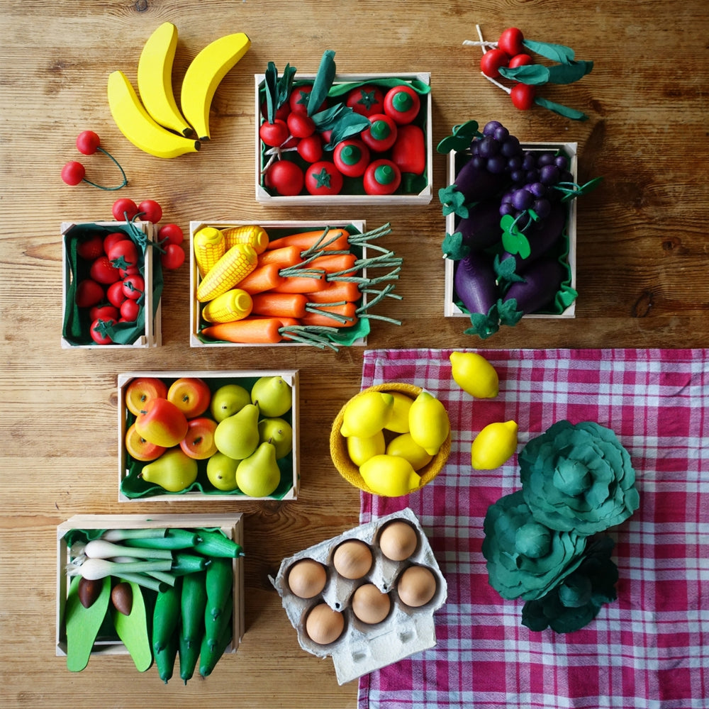 Erzi Play Food Assorted Vegetables, Fruits, and Six Pack of Brown Eggs 