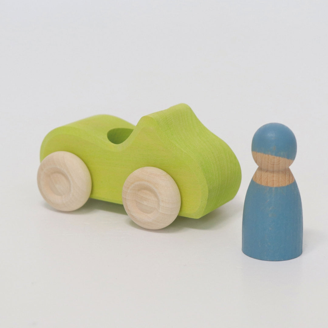 Grimm's Small, Green Wooden Toy Car and Peg Doll from Australia