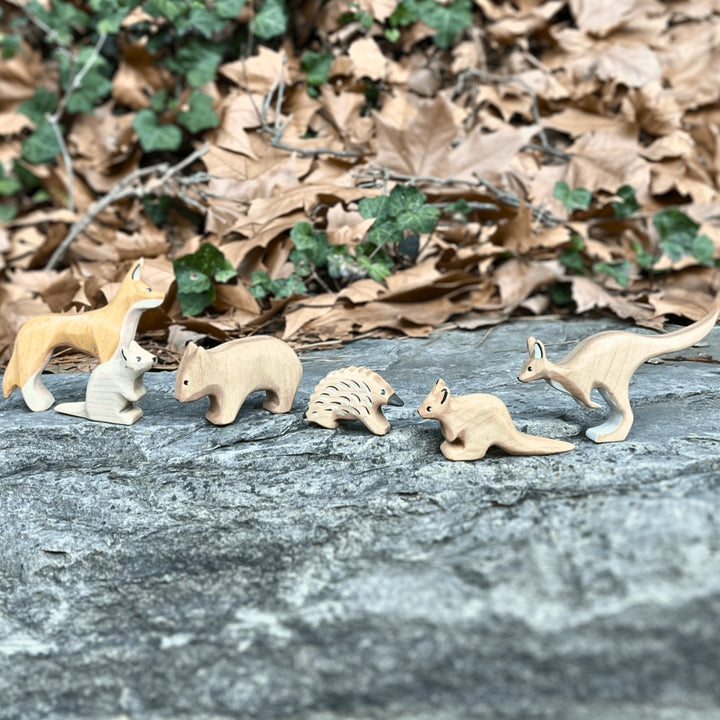 Nom Handcrafted Wooden Toys, Australian Animal Figures for Small World Play in an Outdoor Setting, Available Online