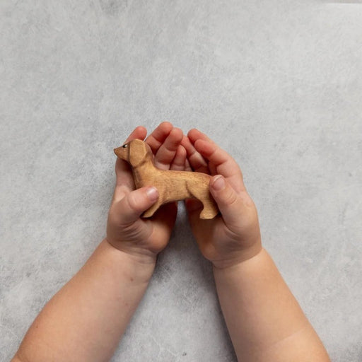Child's hands holding a NOM Handcrafted - Wooden miniature Dachshund Sausage Dog model