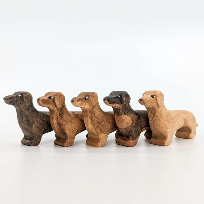 A pack of 5 NOM Handcrafted Wooden miniature Dachshund Sausage Dog models, all with different coloured markings, looking in one direction