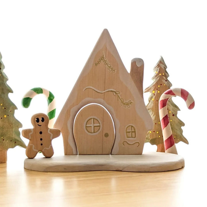 NOM Handcrafted Gingerbread Man, Candy Cane, and Gingerbread House from Australia, for Christmas Decor and Small World Play