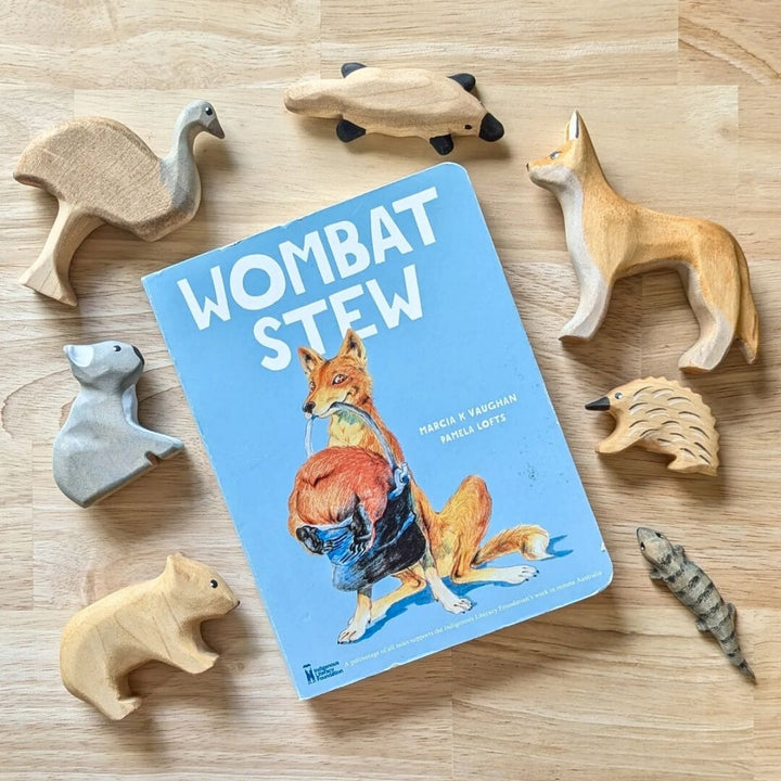 NOM Handcrafted Wooden Australian Animal Figures for Small World Play with Wombat Stew Book