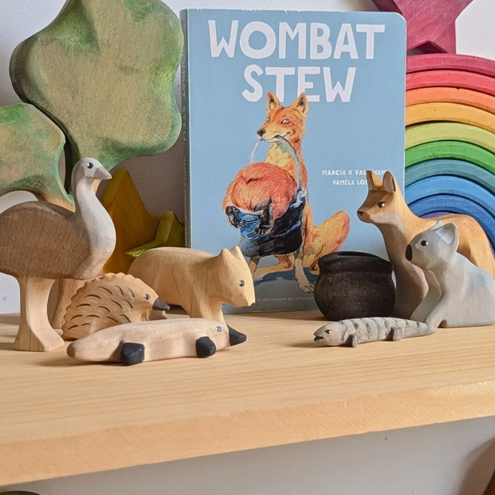 NOM Handcrafted Wooden Australian Animal Figures for Small World Play with Wombat Stew Book