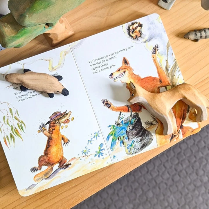 NOM Handcrafted Wooden Australian Animal Figures for Small World Play with Wombat Stew Book