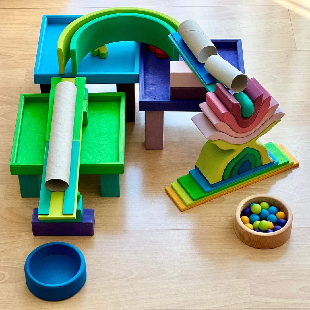 Ball run created with Grimm's wooden building blocks and cardboard tubes - Oskar's Wooden Ark
