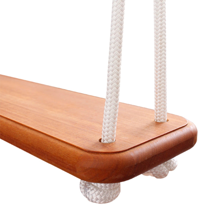 Detailed, close up view of the SOLVEJ Traditional Swing wooden board seat with profiled, rounded edges and White Rope from Australia