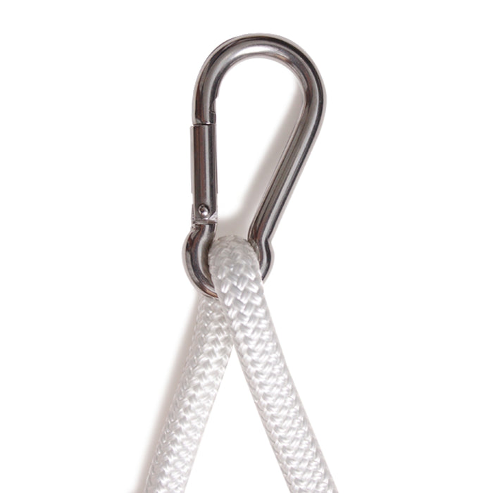 Detailed, close up view of the SOLVEJ Traditional Swing White Rope and Stainless Steel Carbine Hook from Australia