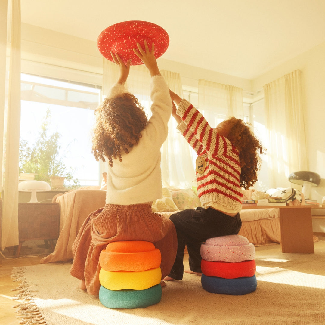 Two children sitting on colorful round cushions in a sunlit living room, playing with a red flying disc overhead. The children are seen from behind, wearing cozy knit sweaters, with warm golden sunlight streaming through the curtains.