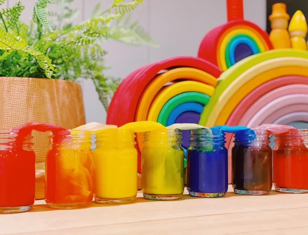 Primary colours mixing to make secondary colours in walking rainbow science experiment