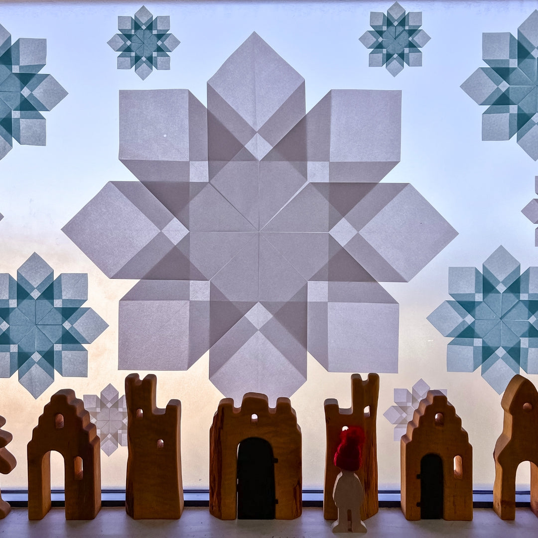Winter inspired window folding paper and bikeho wooden toys 