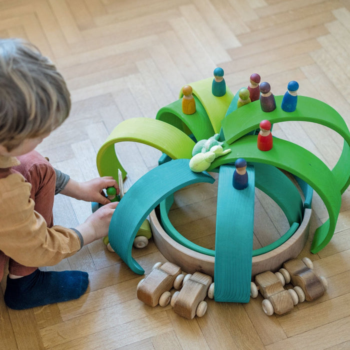 10671-10672 Grimm's Rainbow Meadow Green Tunnel Large 12 pieces and Grimm's Rainbow Forest Green Tunnel Large 12 pieces with Grimm's Cars and Grimm's Rainbow Friends