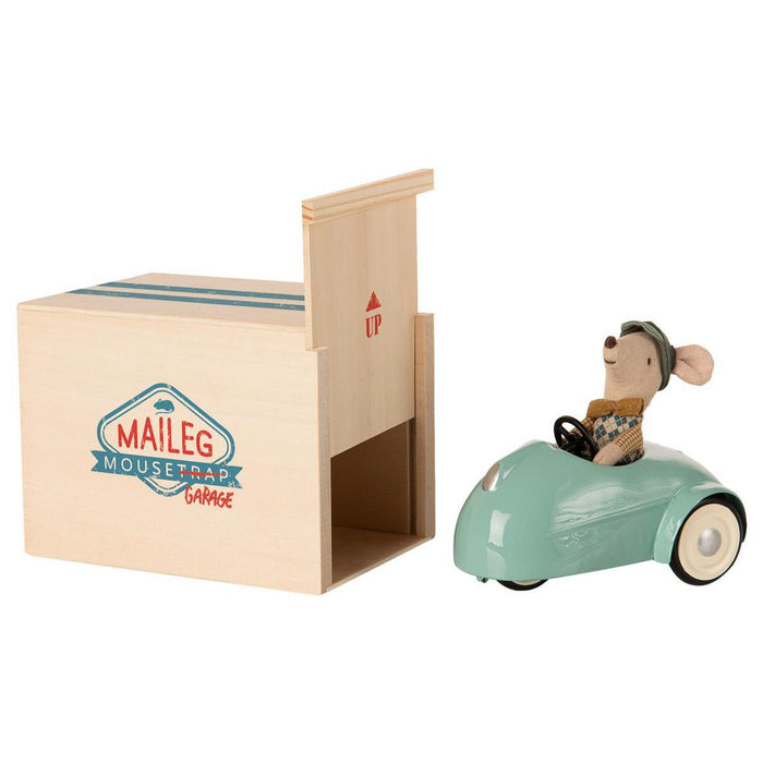 Maileg Little Brother Mouse, Car & Garage Blue