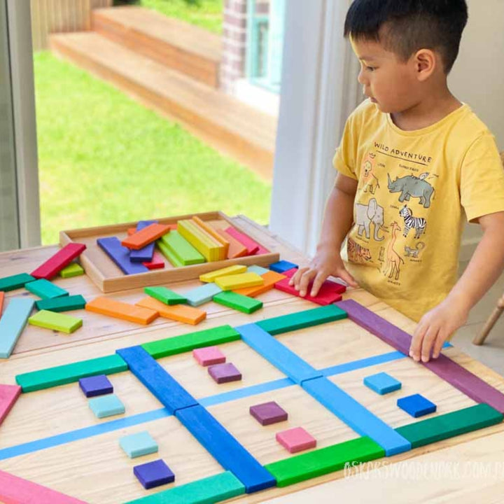 70423302 Gluckskafer Wooden Blocks - Rainbow Building slats in tray 64 pcs