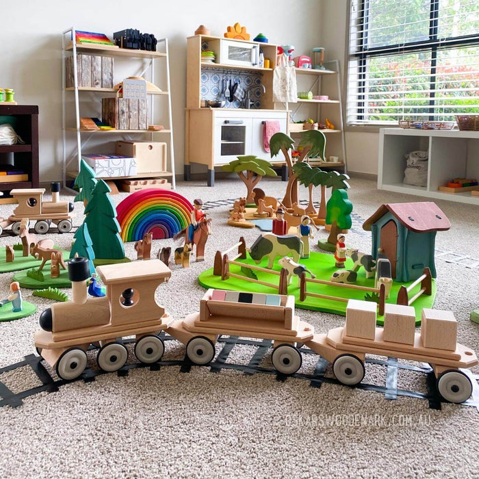 Dynamiko Wooden Train featuring 180144 Dynamiko Wooden Steerable Train with Grimm's Rainbow and Ostheimer Trees, Figures and Animals