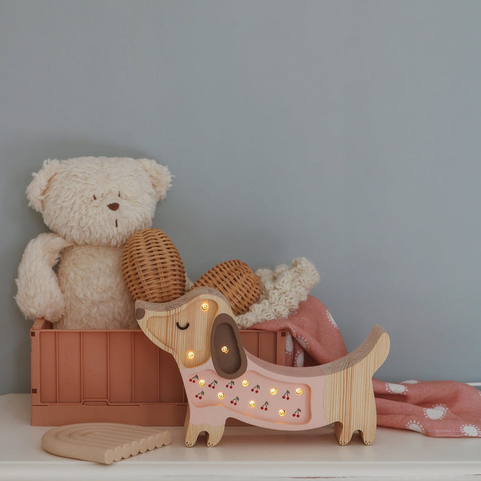 LL068-206 Little Lights Dachshund Sausage Dog Puppy Table Lamp Mini Cherries On Pink on shelve with other toys