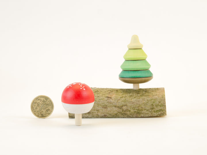 Mader Wooden Spinning Top Set - Tree & Toadstool Turn Top on Branch